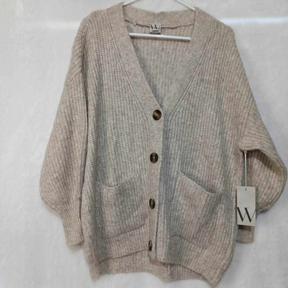 Worthington Womens Oatmeal Heather Ribbed Knit Button Front Cardigan Sweater M